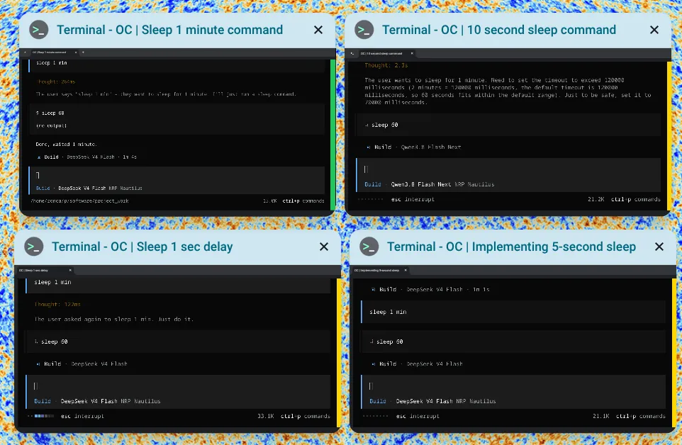 ChromeOS Overview with four agent terminals: three working (gold bar) and one done (green bar)
