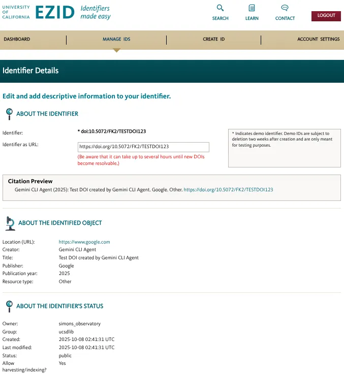 Screenshot of EZID Identifier Details page