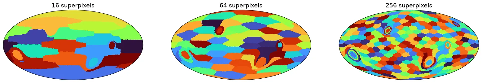 16, 64 and 256 superpixels on the test map