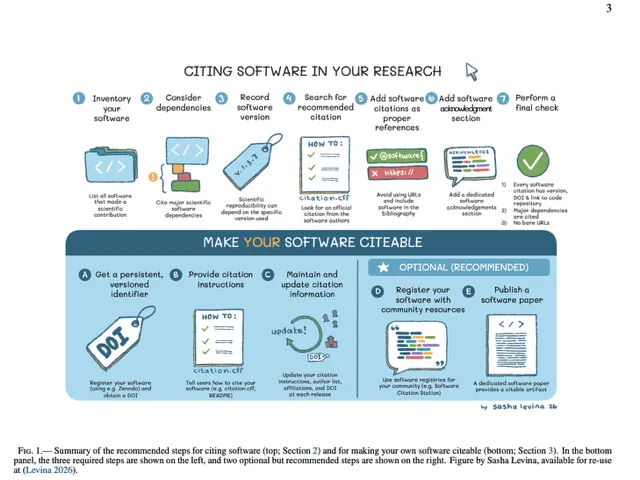 The software citation workflow, summarized: seven steps to cite software and five steps to make software citeable